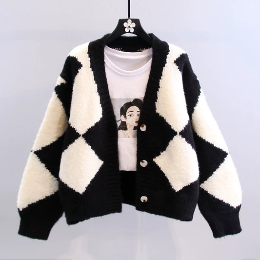 Retro lazy style diamond-shaped sweater jacket women's autumn and winter 2022 new Korean version loose outer wear knitted cardigan