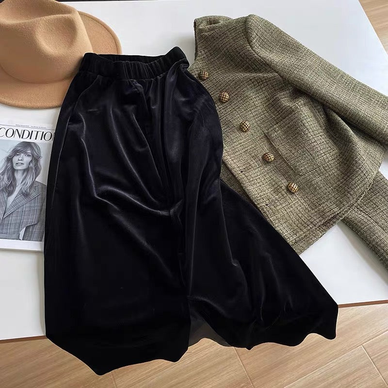 La Chapelle gold velvet skirt women's high waist mid-length 2022 spring and autumn new rear slit bag hip one step skirt
