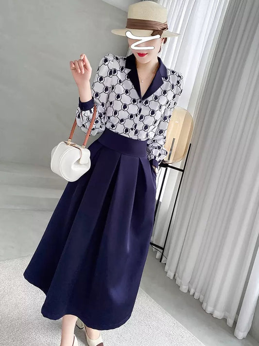 Early autumn cold style women's clothing high-end light luxury big-name ladies temperament chic shirt two-piece suit skirt Korean drama 1811