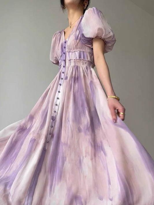 Aconiconi｜Custom ink print French tea break dress autumn new temperament waist v-neck midi skirt