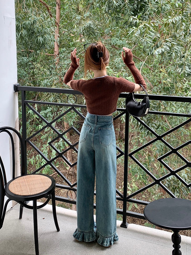 Light-colored retro straight jeans women's spring all-match mopping trousers high waist loose design wide-leg pants