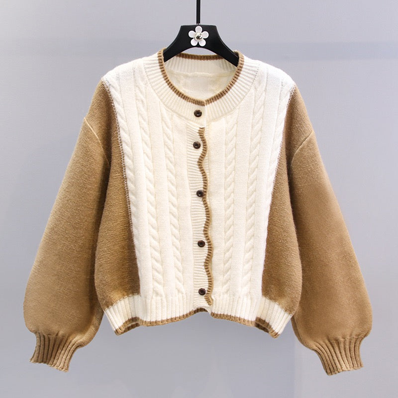 Japanese color matching twist sweater jacket women 2023 early spring new loose outerwear lazy wind soft waxy knitted cardigan