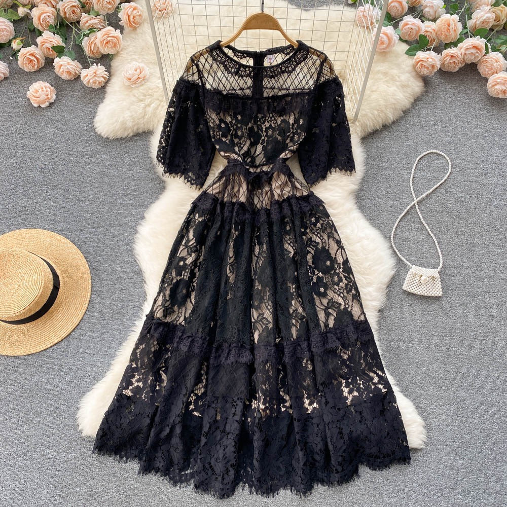 2022 spring and summer new lace lace dress female design sense niche loose waist temperament dress long skirt