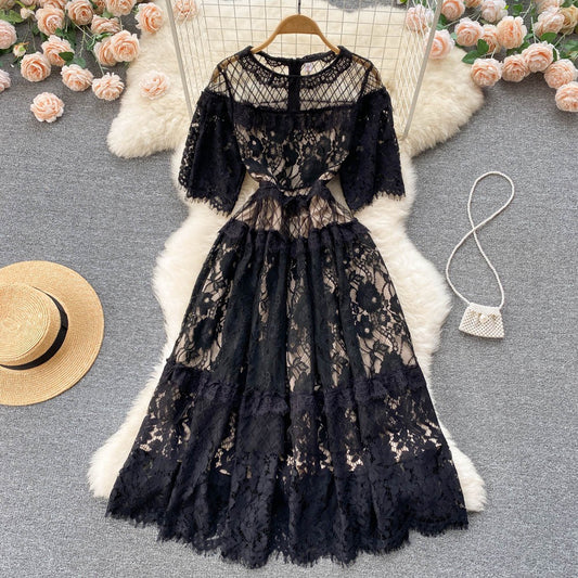 2022 spring and summer new lace lace dress female design sense niche loose waist temperament dress long skirt