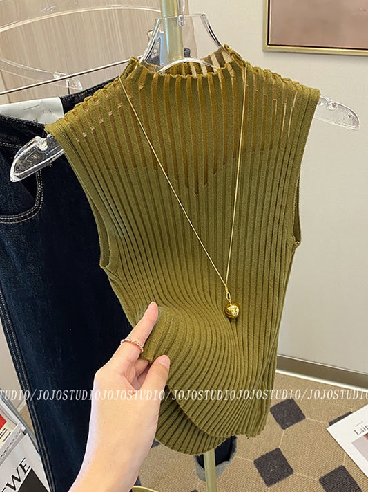 Sexy pure desire half-high collar hollow camisole women's 2023 spring and autumn new design sense tops slimming bottoming shirt