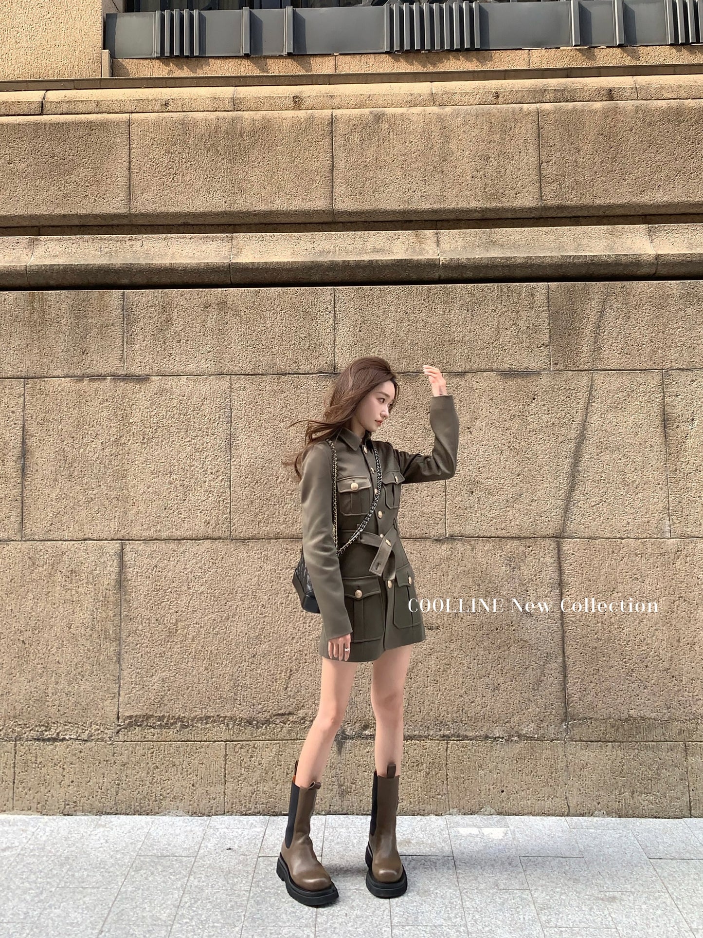 COOLLINE Lin Zixi Byzantine style metal contrast button autumn dress waist chic beautiful skirt