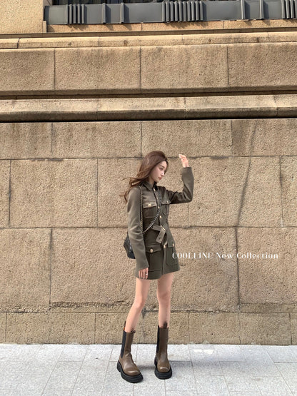 COOLLINE Lin Zixi Byzantine style metal contrast button autumn dress waist chic beautiful skirt