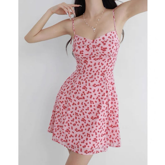 French fresh girl V-neck slim slim pink floral skirt waist wrap chest lace suspender dress short skirt