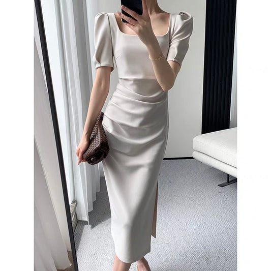 FT GUOGE square neck dress female 2022 summer new high-end temperament side slit puff sleeve long skirt