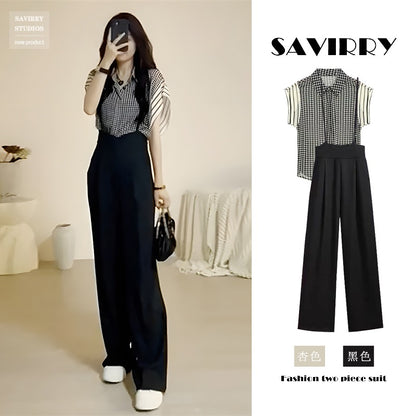 Summer tea wear a complete set of pear-shaped figure fat girls look thin bib pants small two-piece suit female