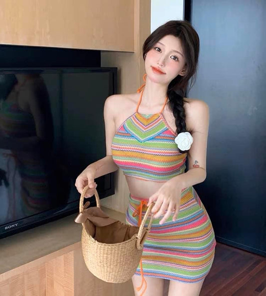 Suit 2023 new women's summer tight-fitting short hanging neck vest high waist a-line knitted skirt two-piece set