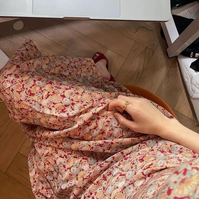 DOEN2022 summer retro print high waist tie dress V-neck slim waist French floral dress women 1987