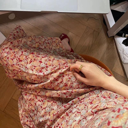 DOEN2022 summer retro print high waist tie dress V-neck slim waist French floral dress women 1987