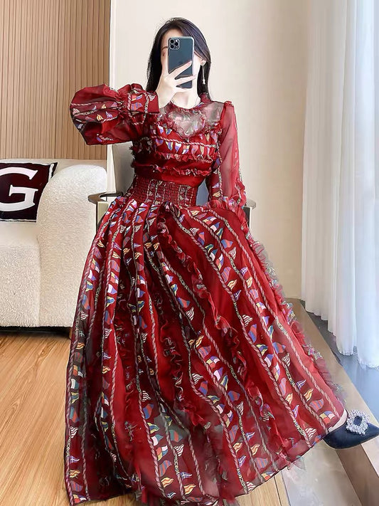 Autumn women's clothing 2022 new autumn dress temperament red long skirt French floral skirt slim fit
