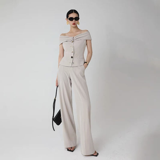WANGXO black casual fashion two-piece suit women's summer one-shoulder waist top high waist straight long pants