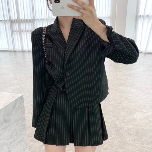 Korean chic retro lapel striped two buttons long-sleeved suit jacket + high waist pleated skirt suit for women