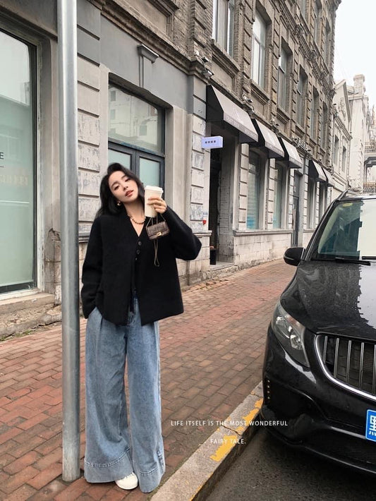 Lilylikes classic show pants large amount of pleats sand wash European and American style wide-leg mopping jeans women's autumn and winter