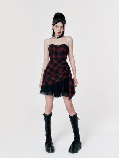 VOCK Original Rebellious Romance Punk Rock Red Heige Sweet Cool Waist Slimming Irregular Splicing Yarn Tube Top Dress