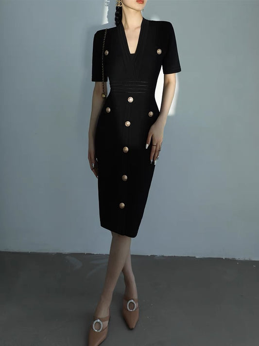 WANGXO black short-sleeved V-neck knitted dress women's summer 2022 new slim slimming bag hip midi skirt