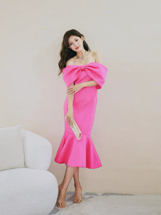 Three-dimensional bow tube top dress dollytang design sense one-shoulder ruffled fishtail skirt small dress
