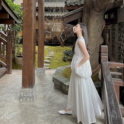 FPOH white tea break French temperament high-end exquisite fugitive princess dress female Xia Xin Chinese style a-line long skirt
