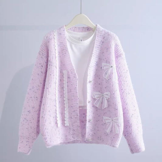 Lace Bow Knot Sweater Cardigan Women's 2022 Autumn/Winter New Korean Gentle Loose Lazy Wind Knit Sweater Jacket