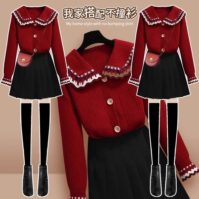 Red Sweater Jacket Ladies Autumn and Winter 2022 New Lazy Wind Design Sense of Small Knitted Cardigan Top