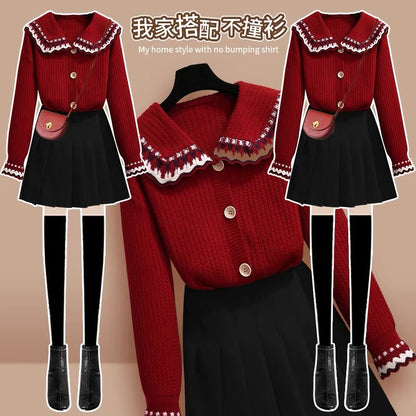 Red Sweater Jacket Ladies Autumn and Winter 2022 New Lazy Wind Design Sense of Small Knitted Cardigan Top