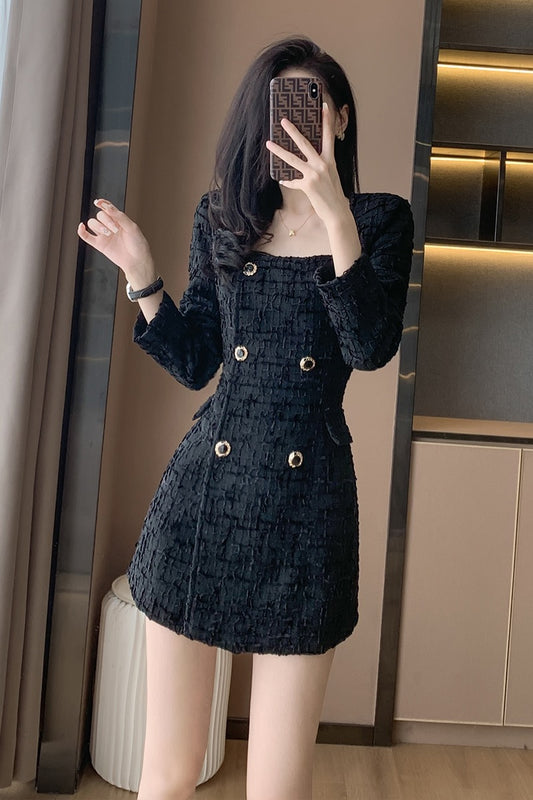 French-style black small fragrance square collar long-sleeved dress female 2022 new women's high-end temperament celebrity skirt