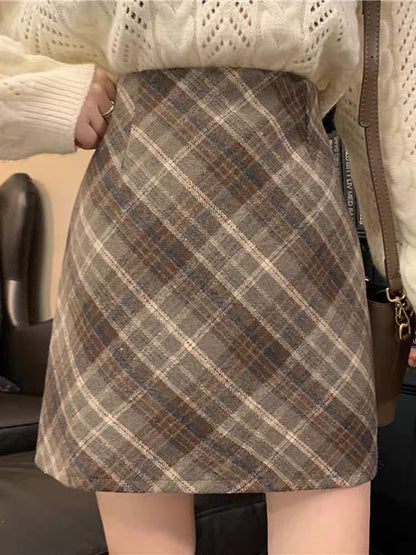 Plaid woolen a-line skirt ladies autumn and winter 2022 new package hip skirt small tall waist thin short skirt