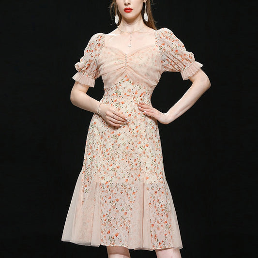 2023 new summer women's temperament sexy print embroidered waist slimming mid-length fishtail dress