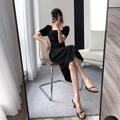 FT GUOGE black dress women's 2022 summer new waist slim French temperament Hepburn style square collar long skirt