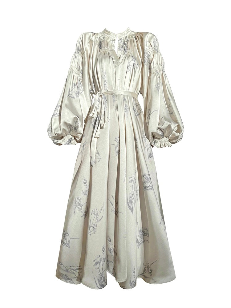 Aconiconi｜Nagamachi raving French style fixed dyeing printed imitation silk dress loose niche design long skirt