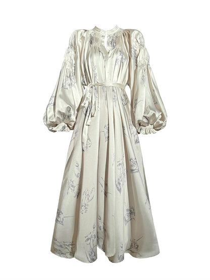Aconiconi｜Nagamachi raving French style fixed dyeing printed imitation silk dress loose niche design long skirt