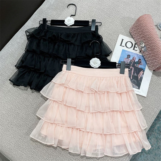2022 summer new French sweet all-match high waist solid color slim cake lace pleated chiffon skirt women 1601