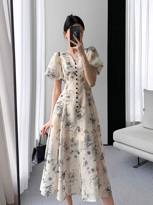 Guoge custom floral dress female 2022 summer new high-end waist retro gentle wind puff sleeves long skirt