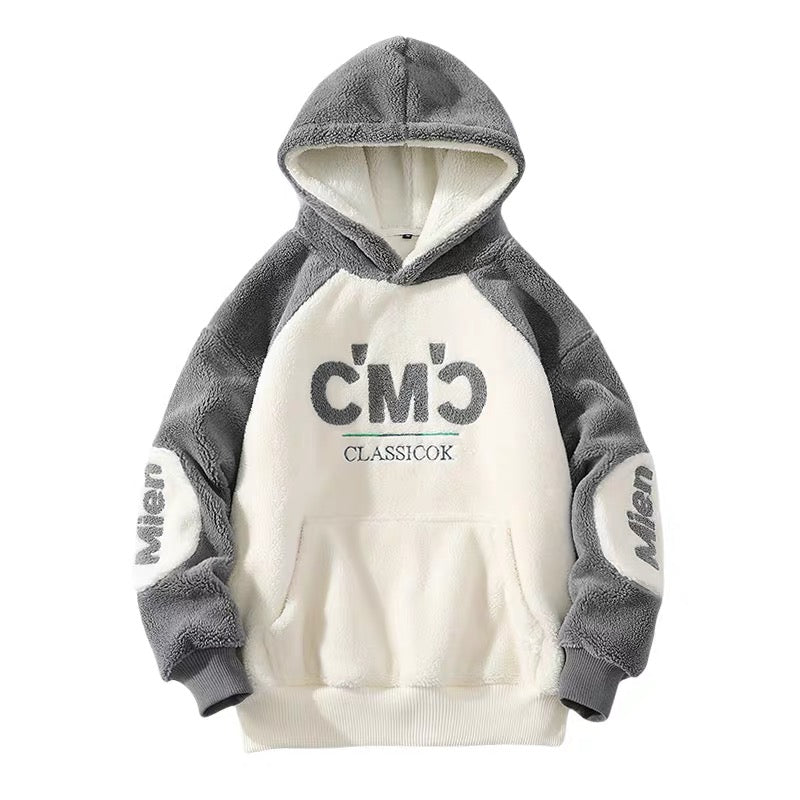 Autumn and winter Hong Kong style plus velvet thickened lamb velvet sweater men's color contrast stitching hooded jacket ins trend cotton hoodie