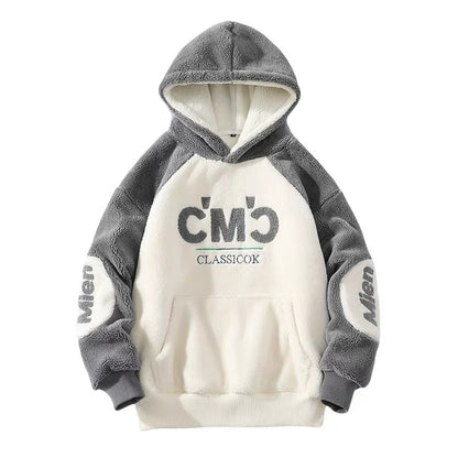 Autumn and winter Hong Kong style plus velvet thickened lamb velvet sweater men's color contrast stitching hooded jacket ins trend cotton hoodie