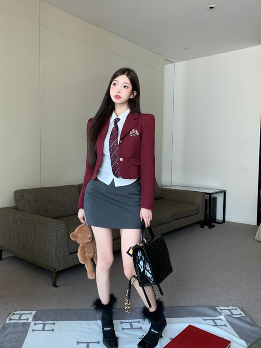 Wine red suit short jacket women's early spring new small suit college style high-end hot girl temperament long-sleeved top
