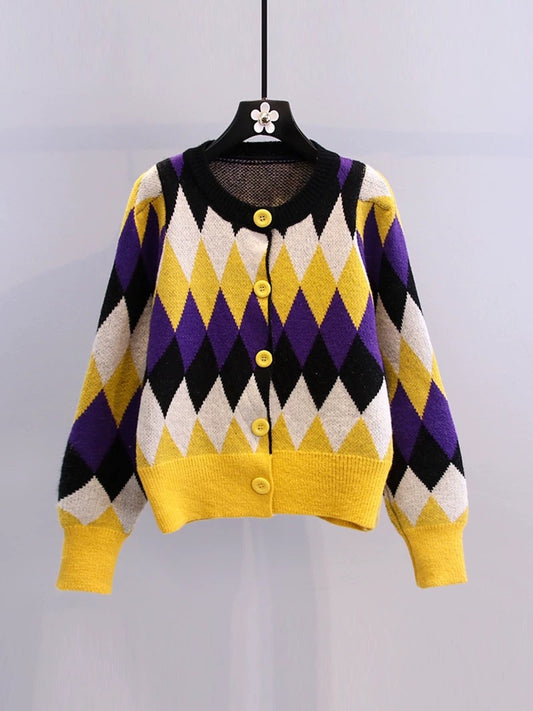 Contrasting color rhombus sweater jacket women's spring 2022 new Japanese style small fresh college style age-reducing knitted cardigan
