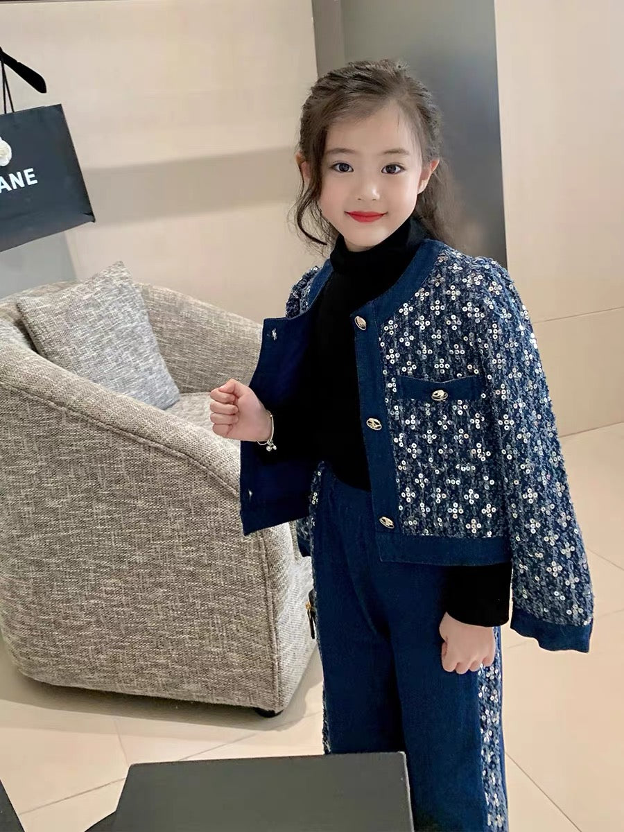 Original Girls Children's Clothing Autumn Small Fragrance Fashionable Suit Children's Baby Autumn Clothing Denim Sequin Jacket Wide Leg Pants