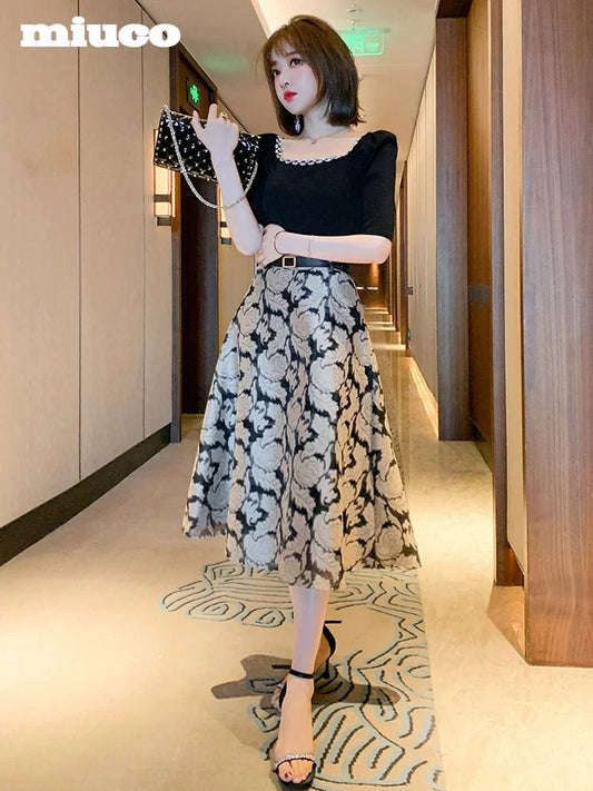 miuco design sense square neck knitted T-shirt + flower jacquard high waist skirt suit female 2022 summer new
