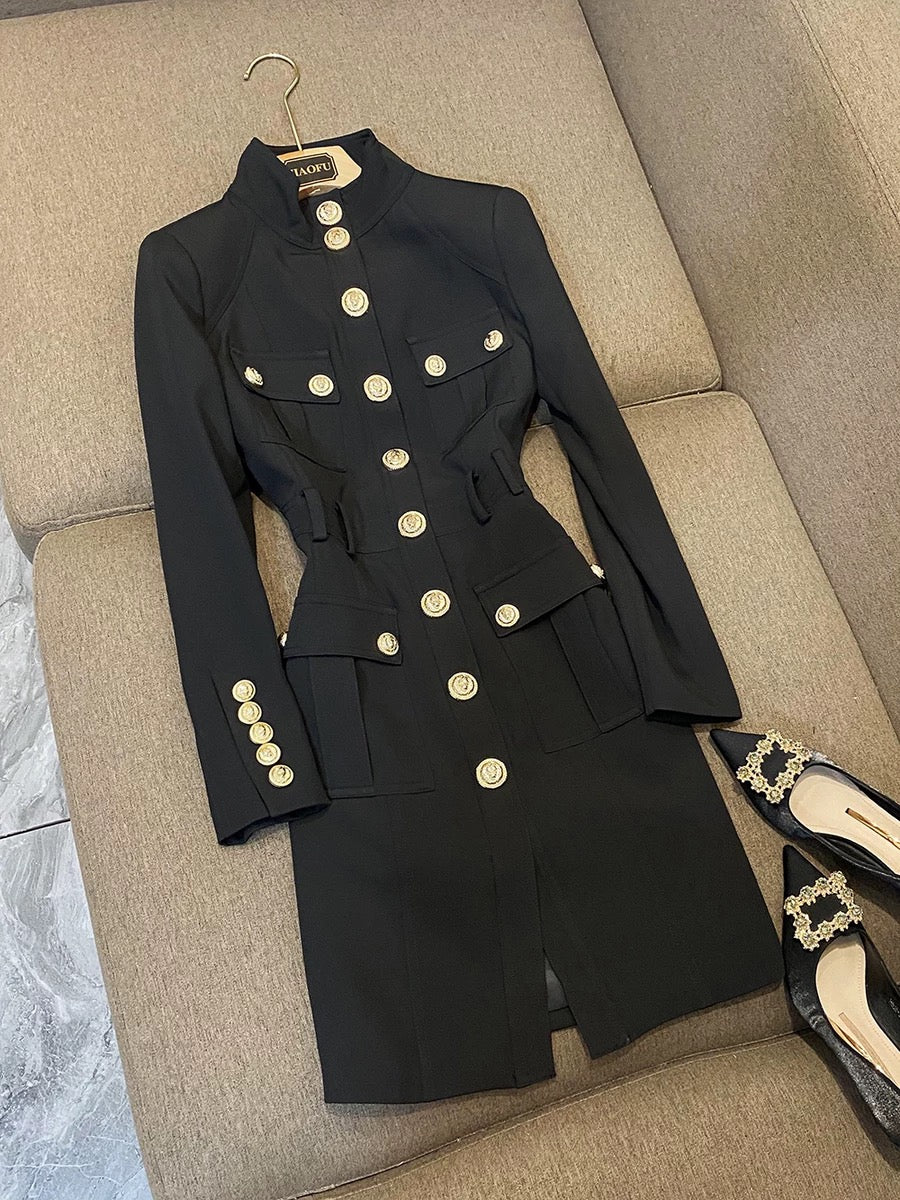 2022 classic black and white turtleneck slim rivet lion head button long-sleeved all-match dress coat D6981