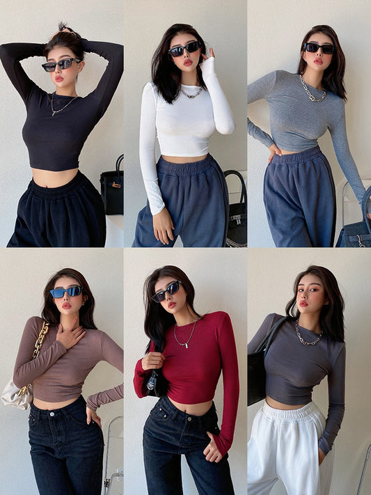 liviahome European and American hot girls tight-fitting bottoming shirt top women's spring high waist short round neck long-sleeved T-shirt