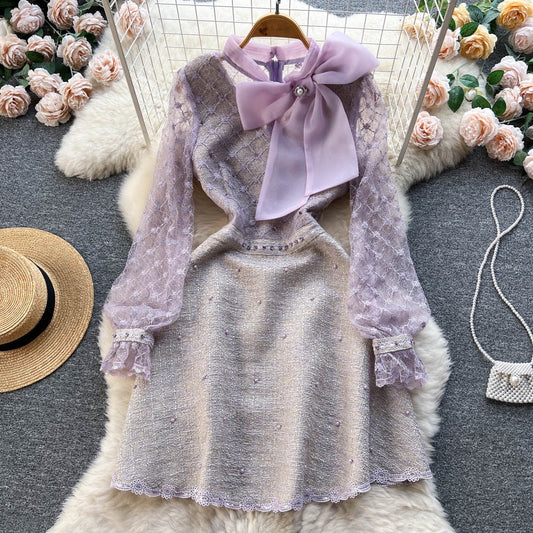 Autumn design sense heavy industry beaded mesh yarn embroidered bowknot dress female long-sleeved princess A-line bag hip skirt