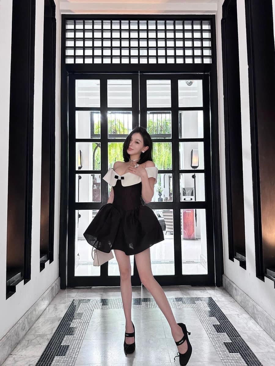Woppei early spring new girly style niche design sense big V-neck shushuton* black strapless dress