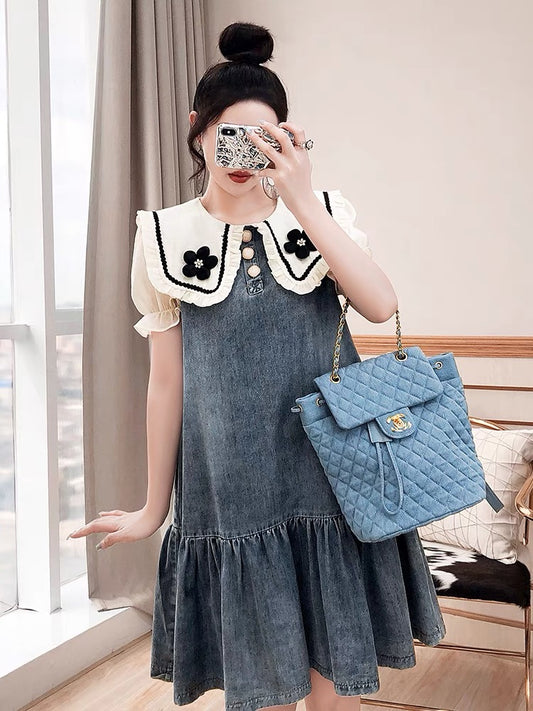 Sweet milk skirt gentle and thin women's clothing 2022 new summer dress medium and long section age-reducing doll collar denim dress