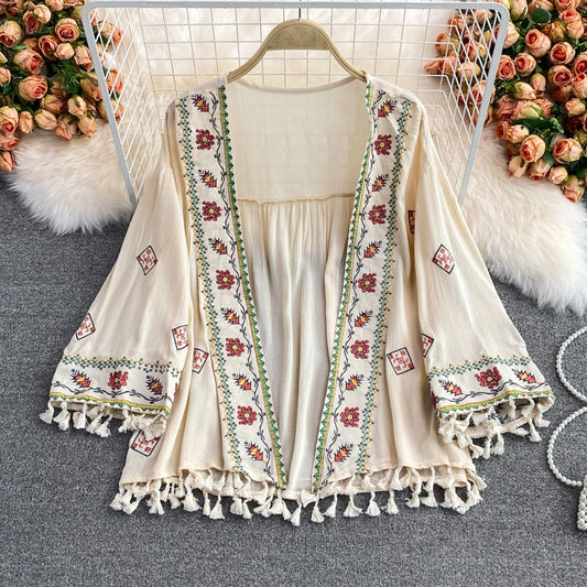 Bohemian seaside vacation Yunnan ethnic style embroidered top loose embroidery tassel shawl sunscreen shirt summer