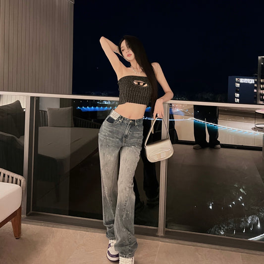 FBB limit spring new trendy irregular design gradient washed blue hot diamond frayed straight jeans