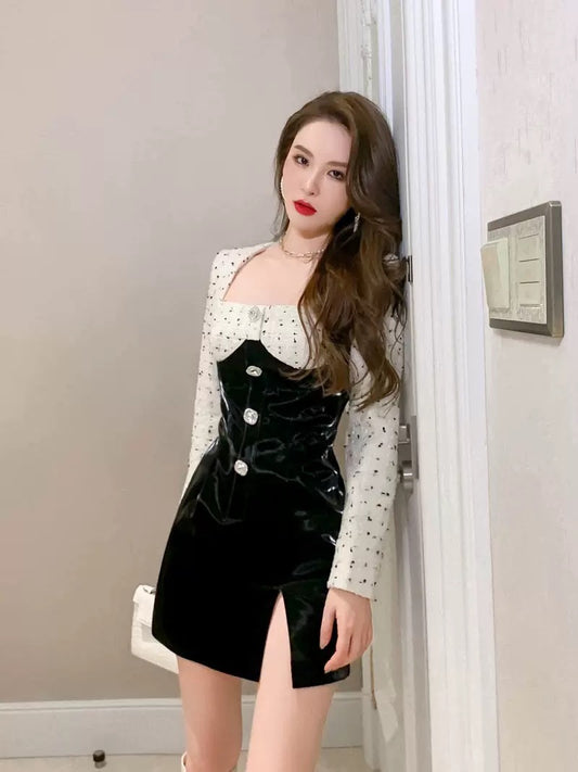 European station autumn new 2022 high-end temperament small fragrance dress high-end French waist sweet and spicy leather skirt 1666